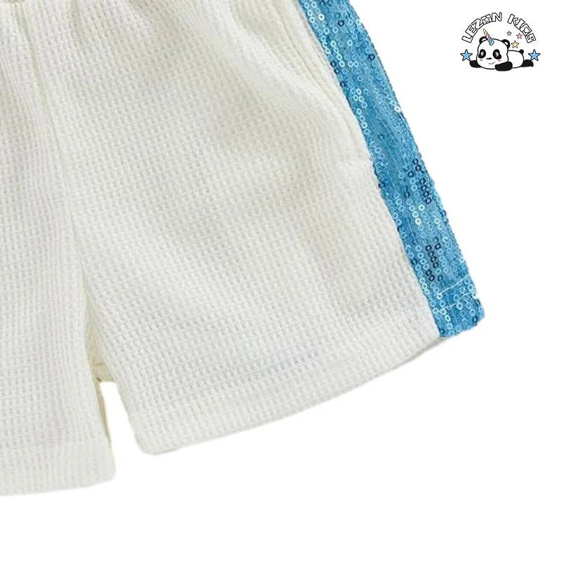 LEZONKIDS - Customized Girls Sequin Stripe Sleeves Patchwork T Shirt + Shorts Kids Clothing Set